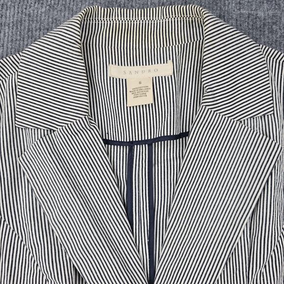 Sandro Blazer Womens Small Navy Career Cotton Two Button Jacket Pinstripe Preppy - Picture 2 of 9